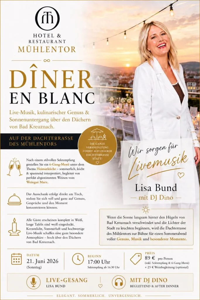 Diner en blanc Dachterrasse Muehlentor Hotel Restaurant Live Musik Lisa Bund